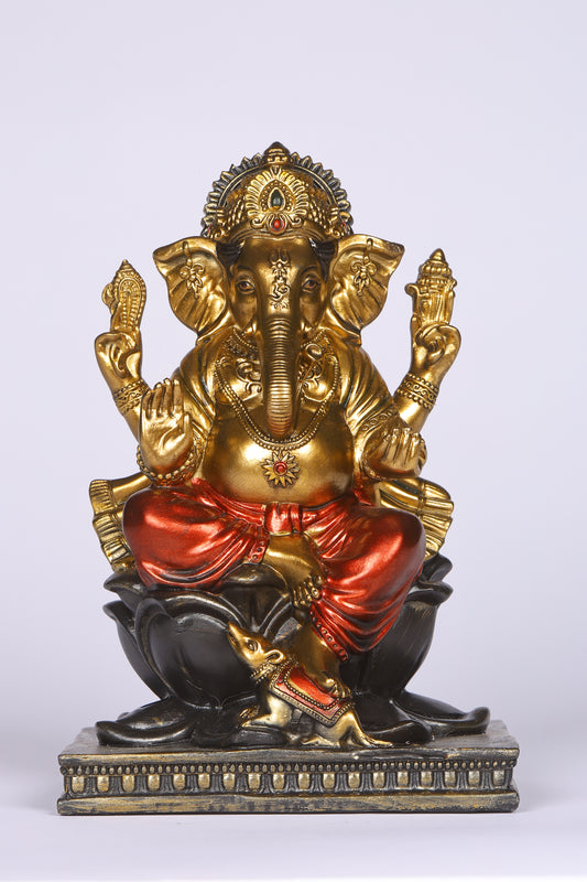 8" Ganesha sitting Antique Finish golden red statue on golden pdestal | Ideal for temple or showpiece