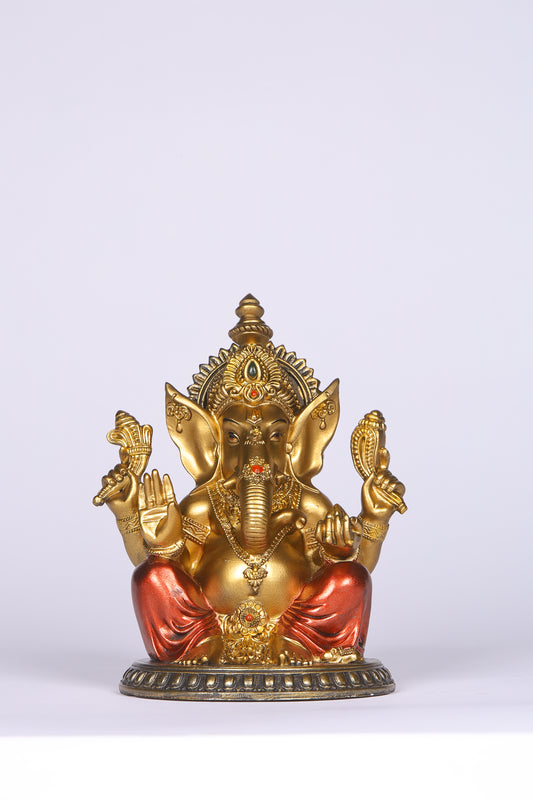 6" Ganesha sitting Antique Finish golden red statue on golden pdestal | Ideal for temple or showpiece