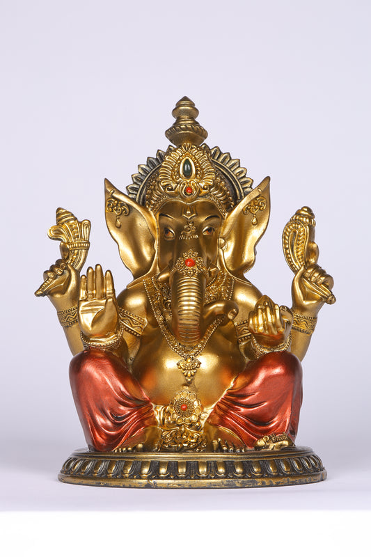 8" Ganesha sitting Antique Finish golden red statue on golden pdestal | Ideal for temple or showpiece