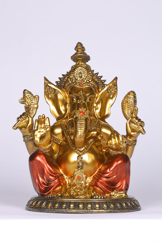 11" Ganesha sitting Antique Finish golden red statue on golden pdestal | Ideal for temple or showpiece