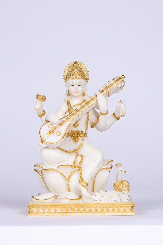 8" Saraswati Sitting Gold toned Marble statue on lotus with Veena | Ideal for temple or showpiece