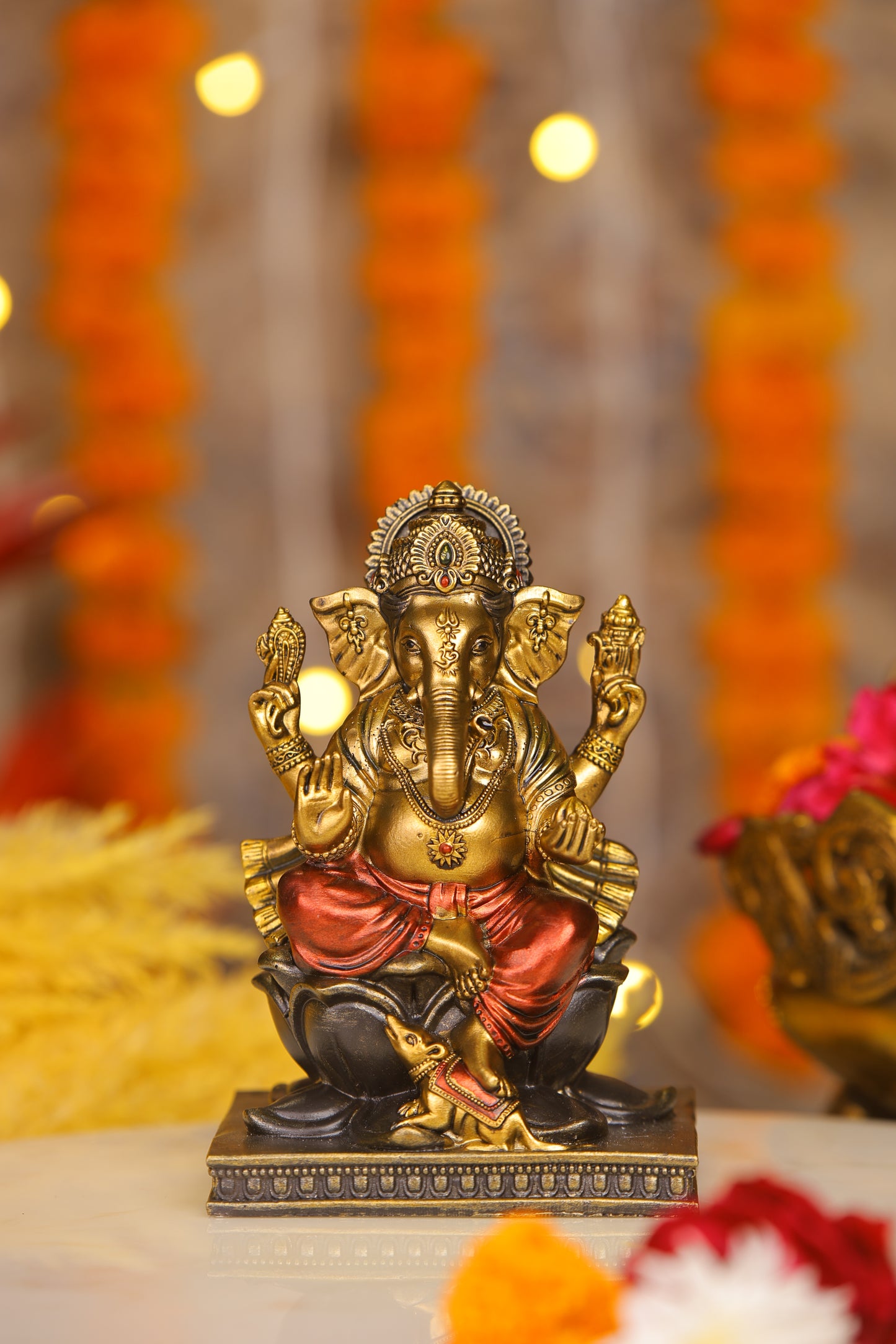 5" Ganesha sitting Antique Finish golden red statue on golden pdestal | Ideal for temple or showpiece