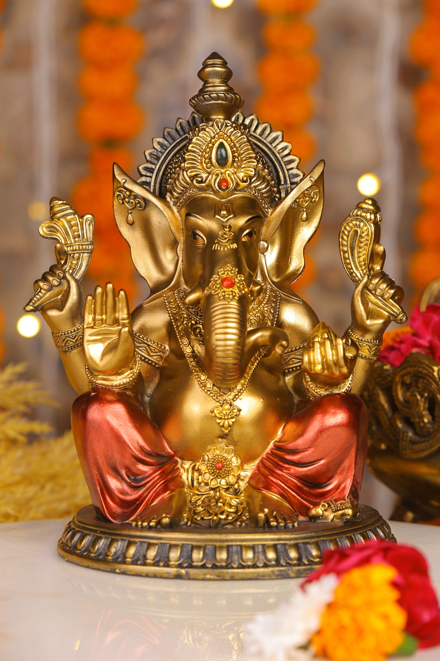 8" Ganesha sitting Antique Finish golden red statue on golden pdestal | Ideal for temple or showpiece