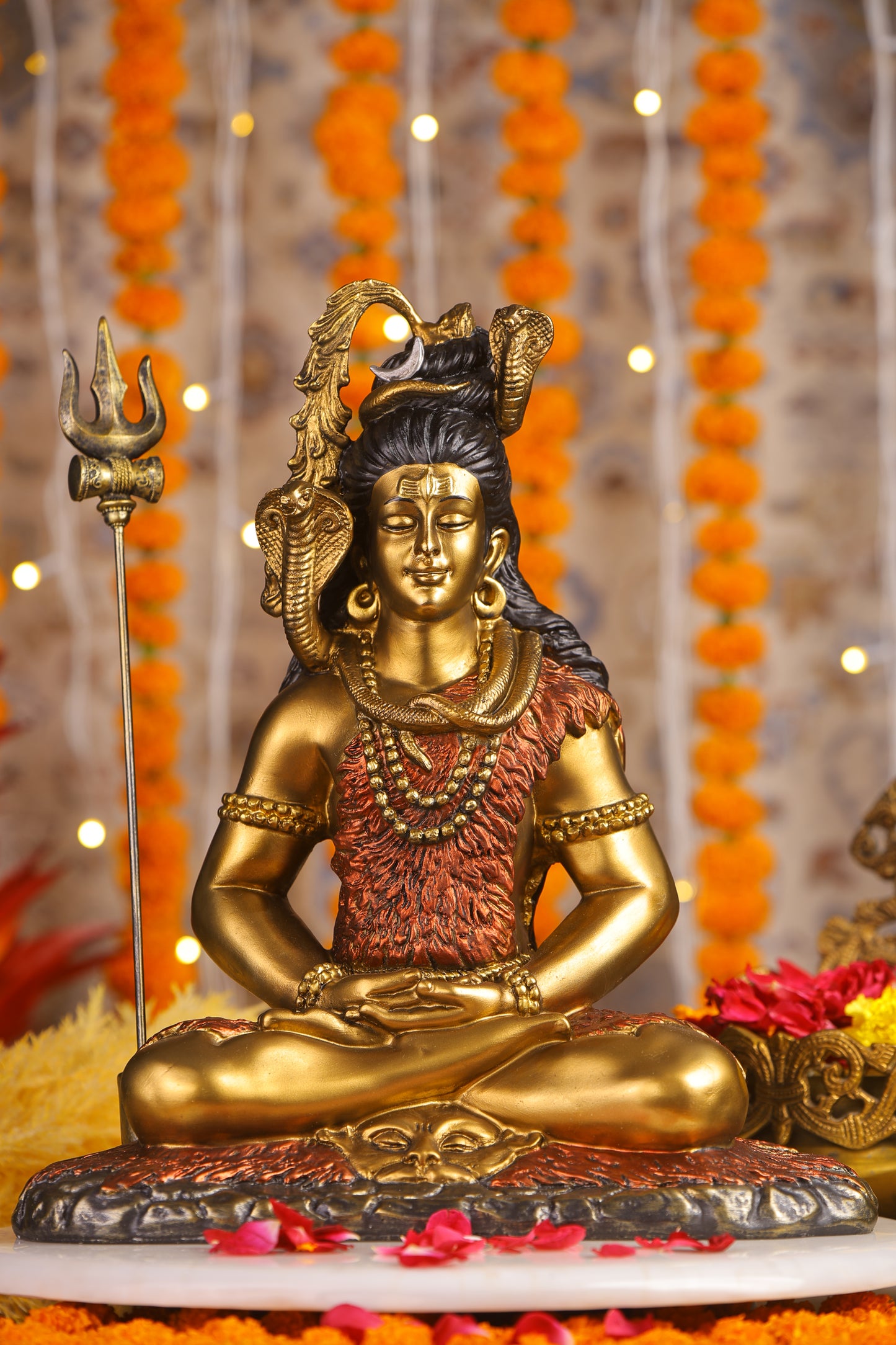 16" Shiva Samadhi Meditation statue with Trishul in golden red Antique Finish| Ideal for temple or showpiece