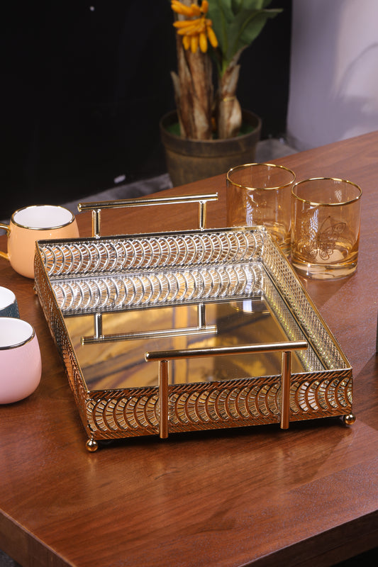 Gold Mirror Tray with Filigree Design